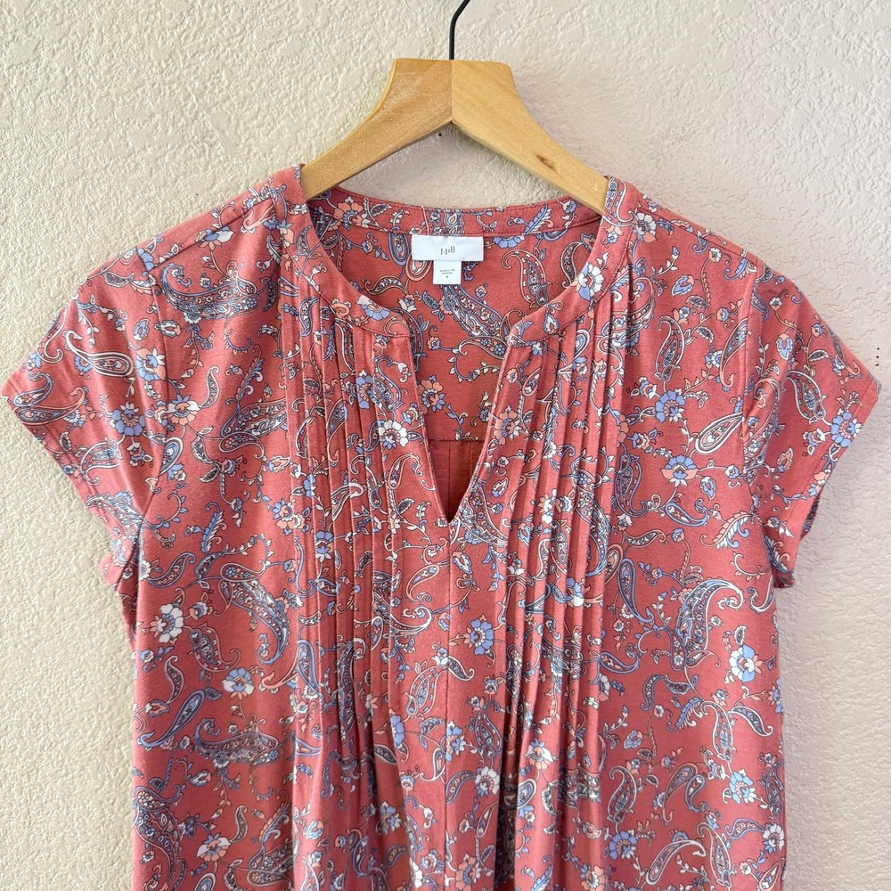 J Jill Paisley Print Dress Short Sleeve Pink Casual Stretch Pockets Size S - Picture 2 of 12